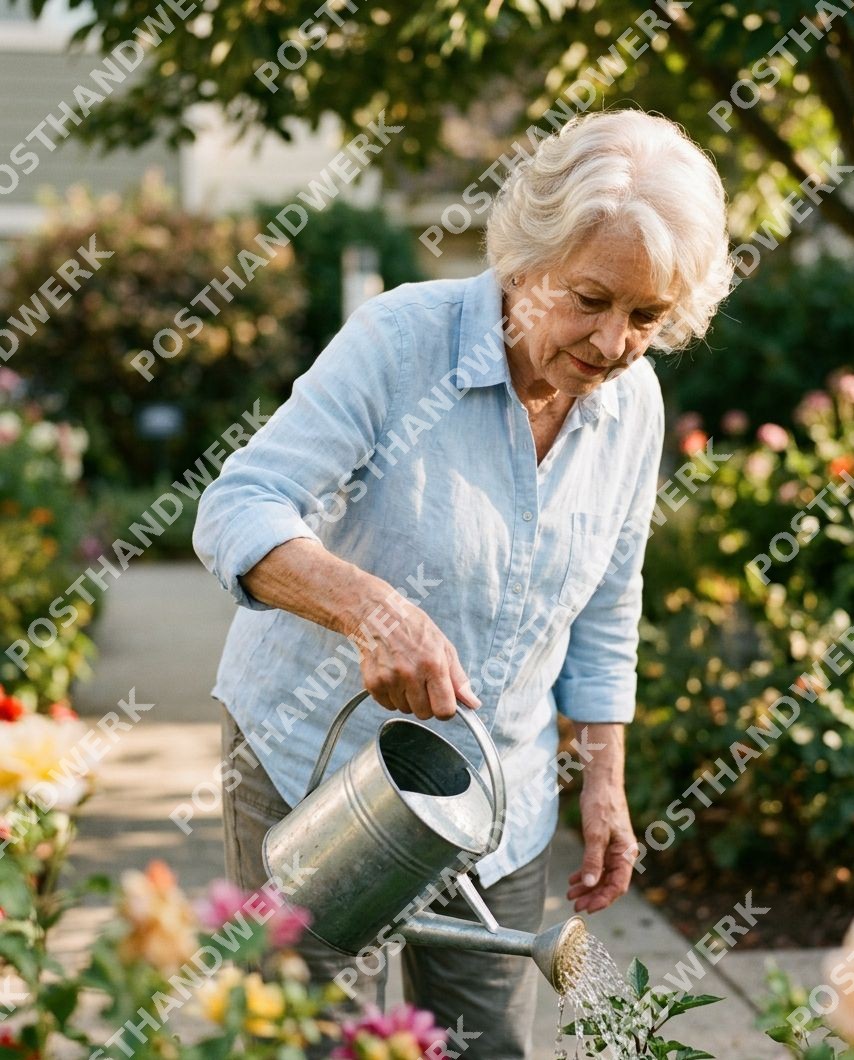 Seniorin gießt Blumen im Sommergarten – KI-Werbefoto von Posthandwerk für Gartenbau, Gärtnerei und Seniorenbetreuung.