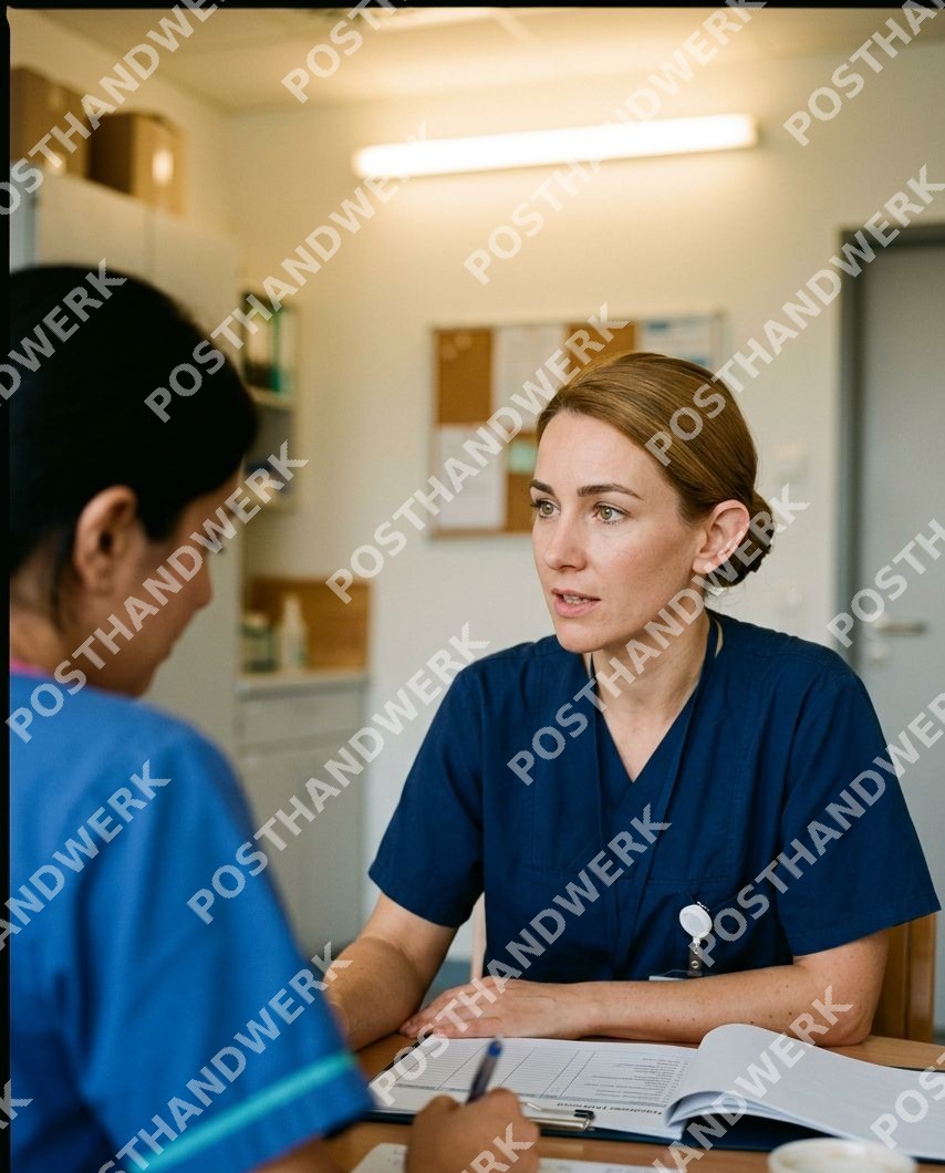 Pflegerin im Gespräch mit Kollegin – KI-generiertes Werbefoto von Posthandwerk für Pflege, Klinik und Gesundheit.