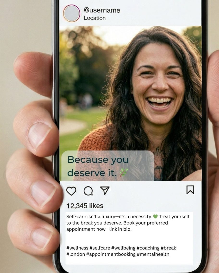 AI generated example post of a smiling women. Content for selfcare or services.