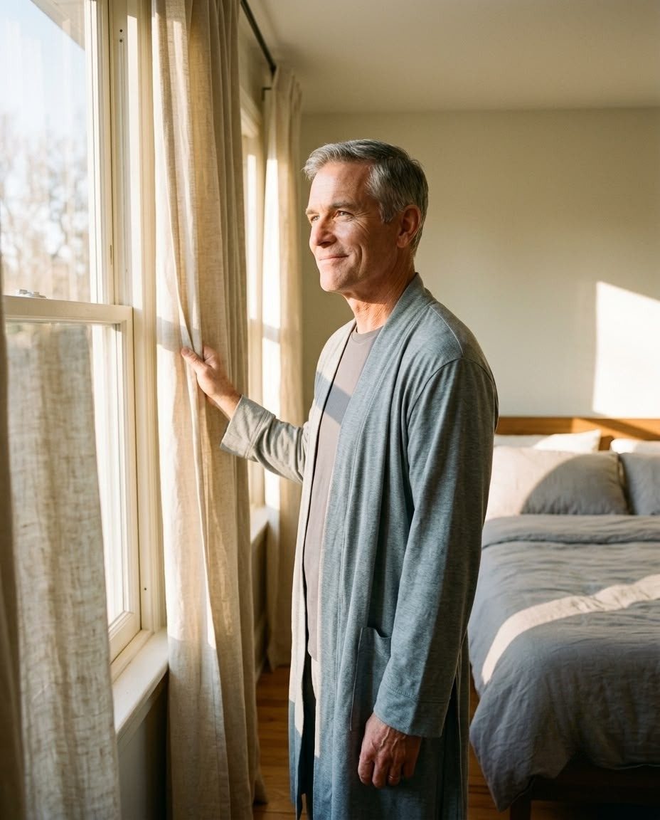 Senior öffnet morgens die Vorhänge im Schlafzimmer – KI-Werbebild für Seniorenpflege und Wohnen.