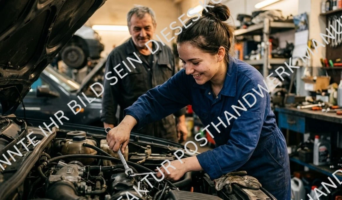 Young female mechanic in blue overalls at car engine, AI image for auto workshops and apprenticeship marketing.