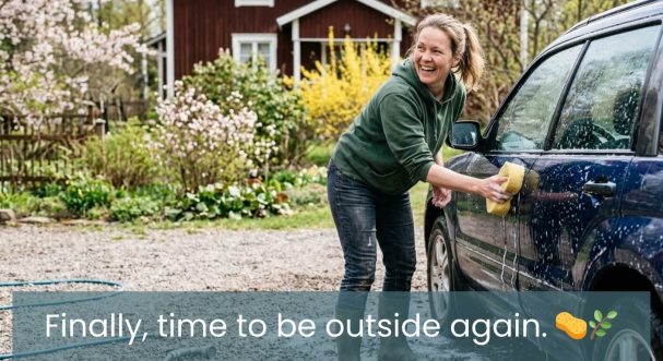 Smiling woman washing her car outdoors – high-quality AI-generated social media content tailored for automotive and car care businesses.