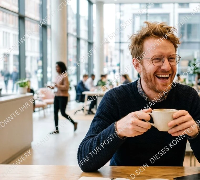 Laughing man with morning coffee, AI-generated character image for
hospitality and office marketing.