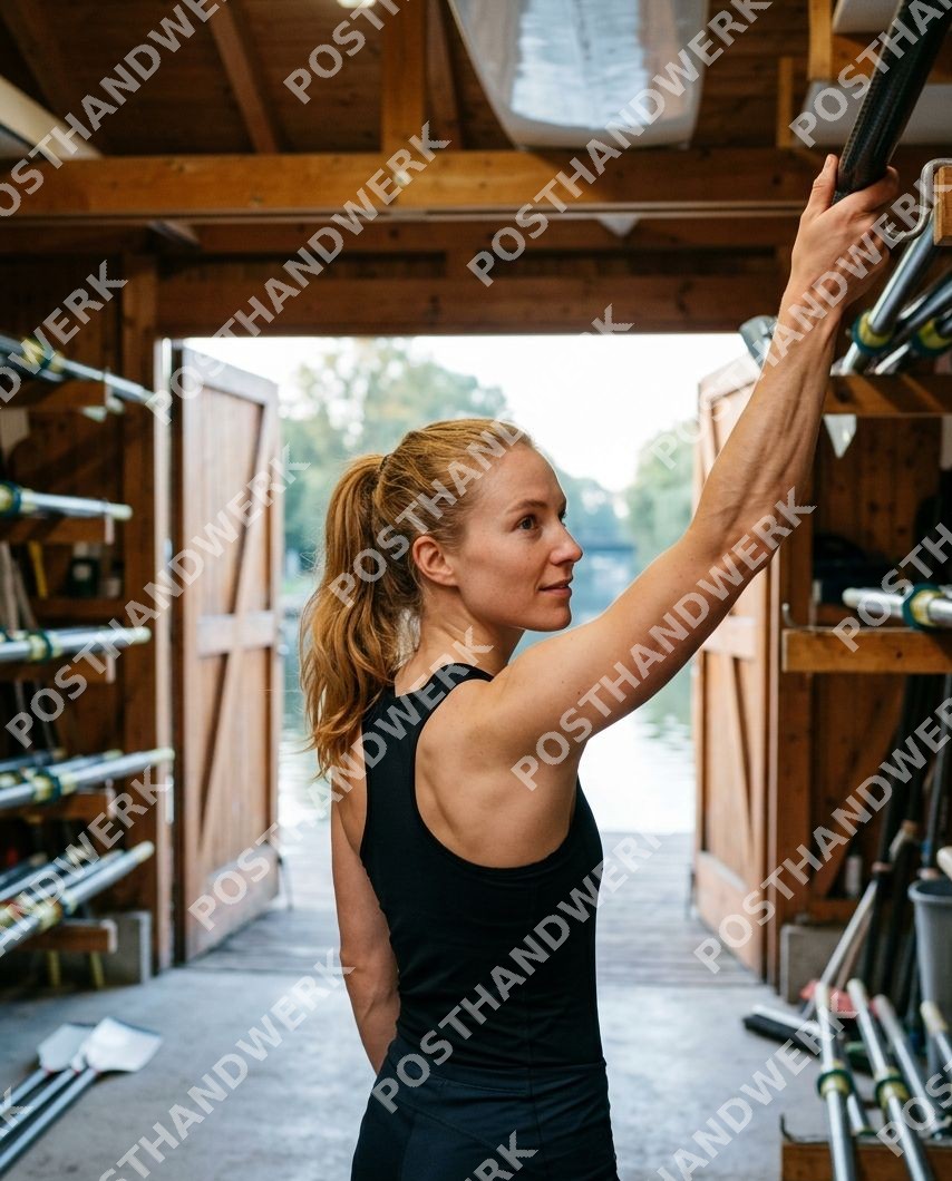 Frau greift Paddel aus Regal im Bootshaus – KI-Werbefoto von Posthandwerk für Wassersport, Kanuverein und Outdoor.