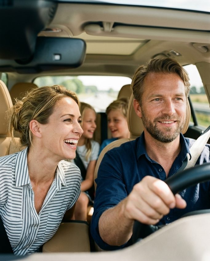 Family laughing together during a car ride – AI ad image for family and automotive brands.