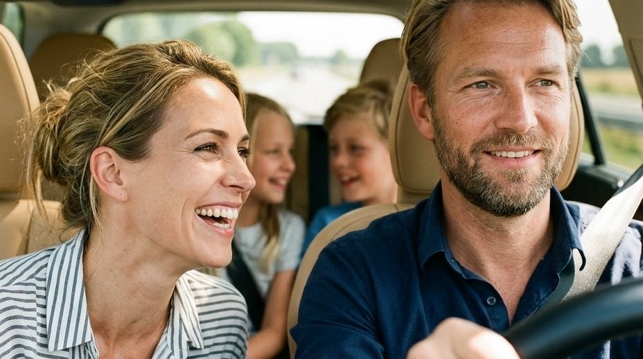 Familie lacht gemeinsam während der Autofahrt – KI-Werbebild für Familie und Automobil.