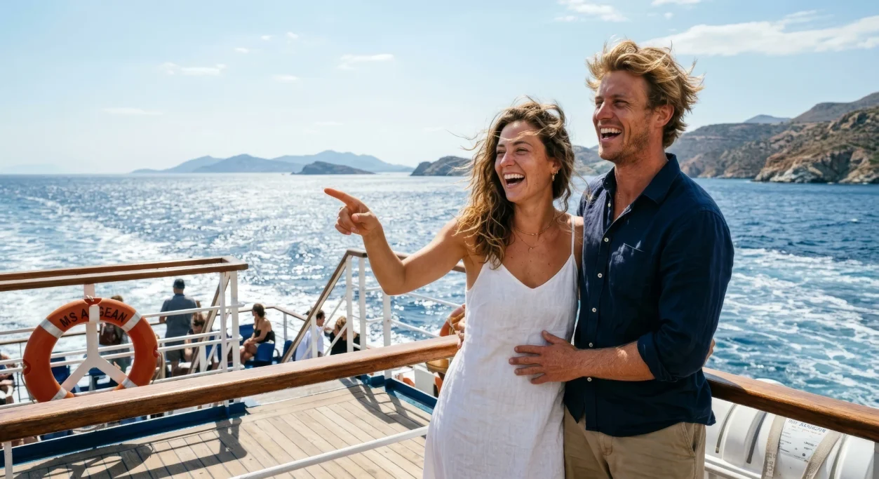 Couple laughing and pointing at the sea aboard a boat – AI ad image for travel and cruises.