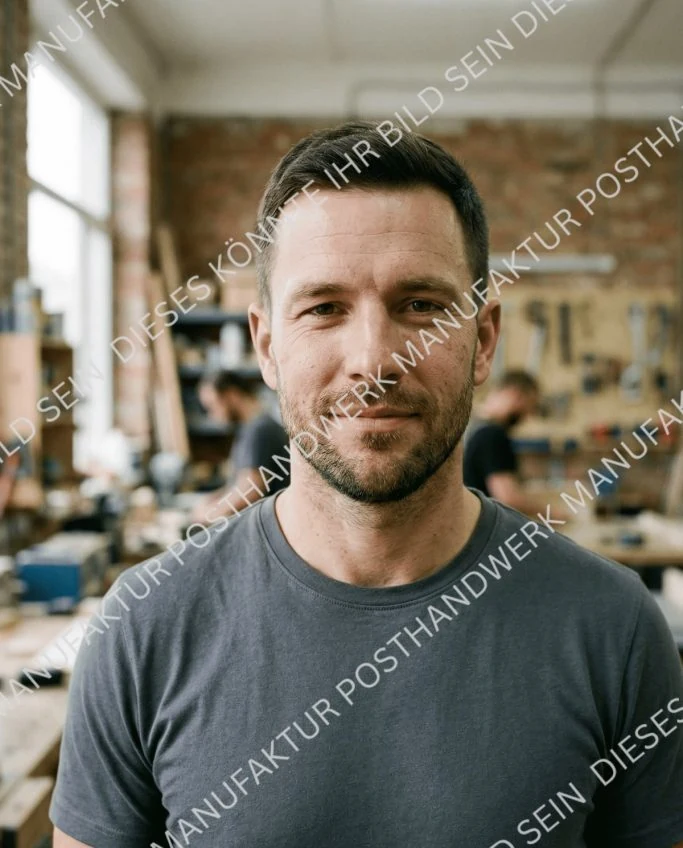 Craftsman portrait in t-shirt against brick wall, AI image for carpentry and
joinery businesses.