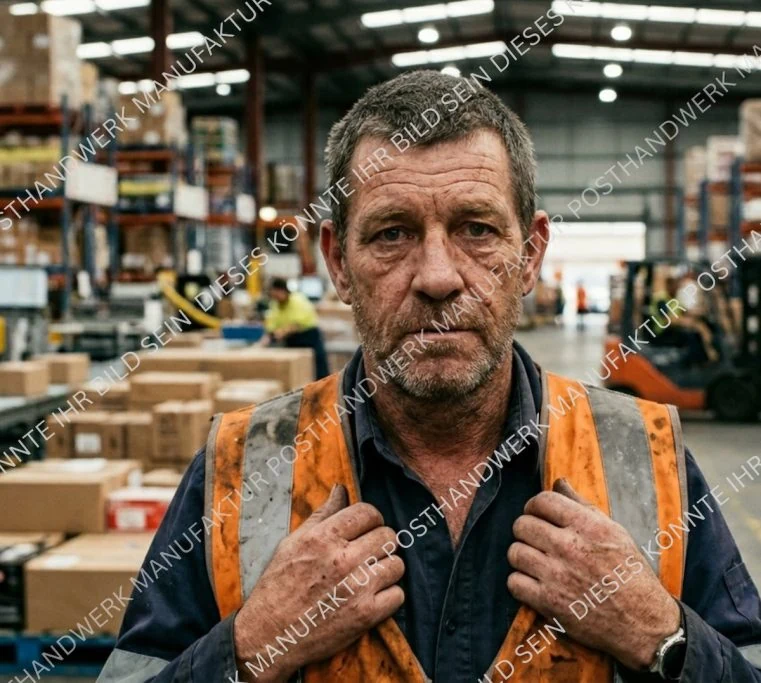 Experienced worker in safety vest in warehouse, AI image for logistics,
industry and service providers.