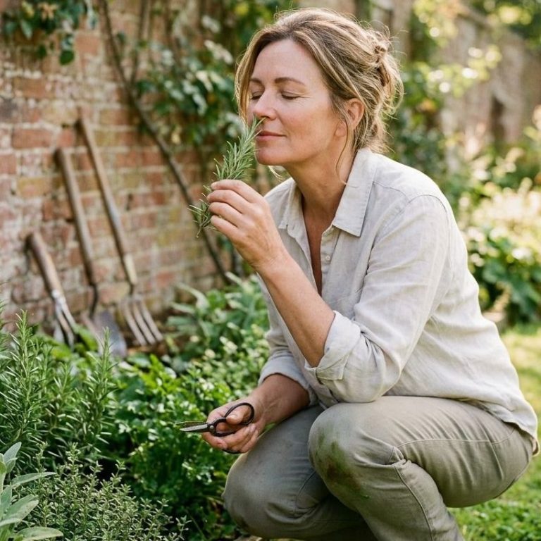 Frau riecht an Kräutern im Garten – authentisches KI-Werbebild von Posthandwerk für Gartenbau, Gärtnerei und Naturkosmetik.