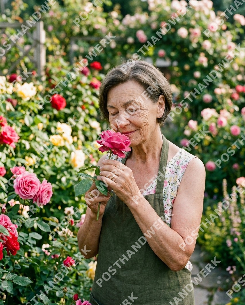 Seniorin riecht an einer Rose im Rosengarten – KI-Bild von Posthandwerk für Gartenbau, Floristik und Seniorenbetreuung.