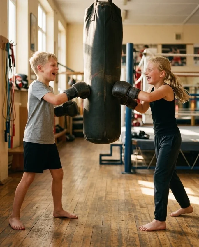 Two children playfully boxing a punching bag – AI ad image for sports clubs and martial arts brands.