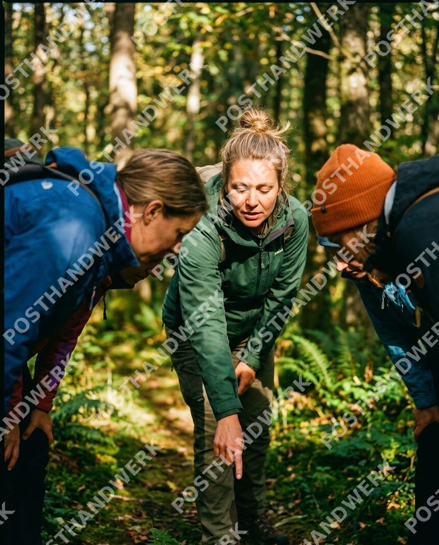Drei Personen entdecken etwas im Wald – KI-Werbebild von Posthandwerk für Outdoor, Tourismus und Naturerlebnis.