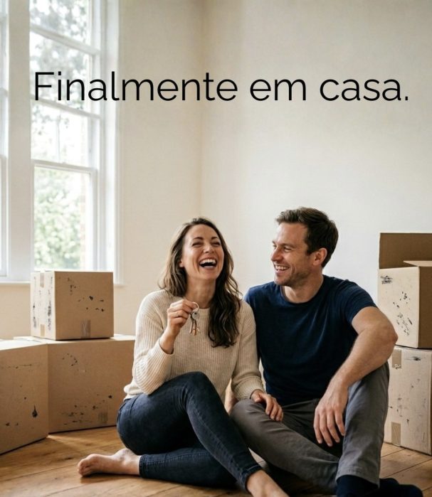 AI-generated candid lifestyle photography of a happy couple sitting on the floor among cardboard moving boxes, holding new house keys.
