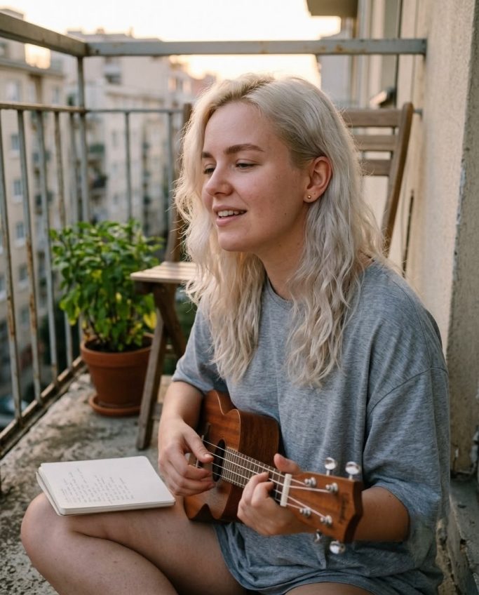 Woman relaxing and playing ukulele on the balcony – AI ad image for lifestyle and leisure brands.