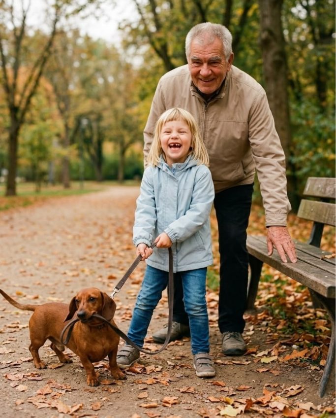 Grandfather walking with his granddaughter and dachshund through autumn leaves – AI ad image for family and pet brands.