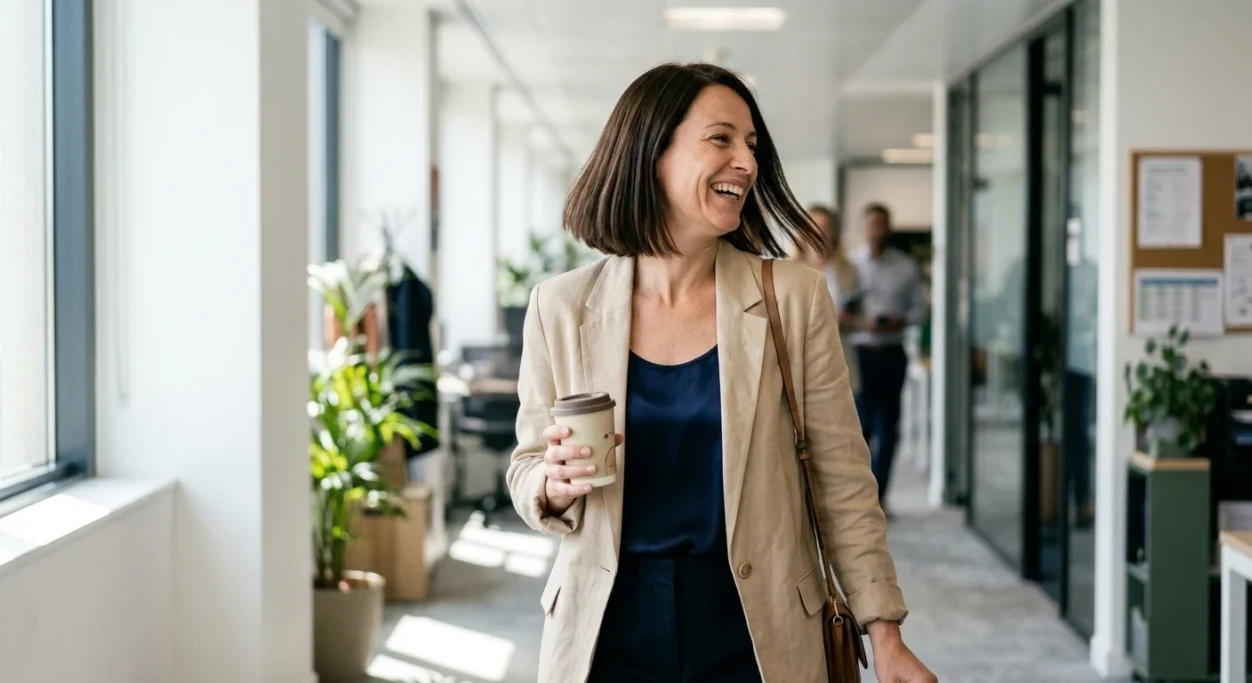 Businesswoman smiling with a coffee cup in an office hallway – AI ad image for B2B and consulting brands.