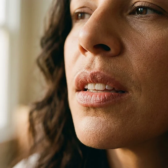 Extreme close-up of woman's lips and nose – AI-generated image for beauty and cosmetics brands.
