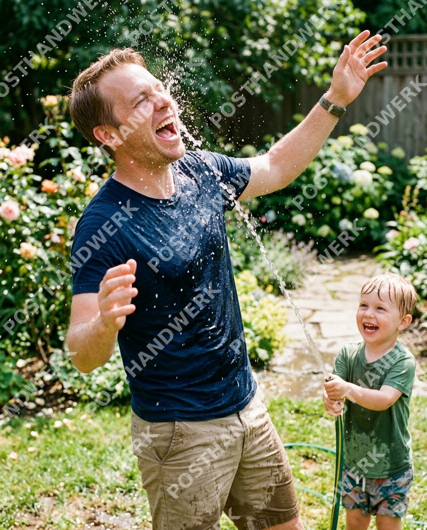 Vater lacht als Sohn ihn mit Gartenschlauch bespritzt – KI-Bild von Posthandwerk für Gartenbau, Familie und Immobilien.