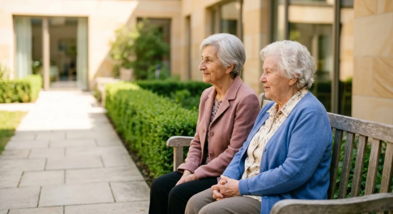 Two senior women chatting on a bench outside a building – AI ad image for senior care and residential brands.