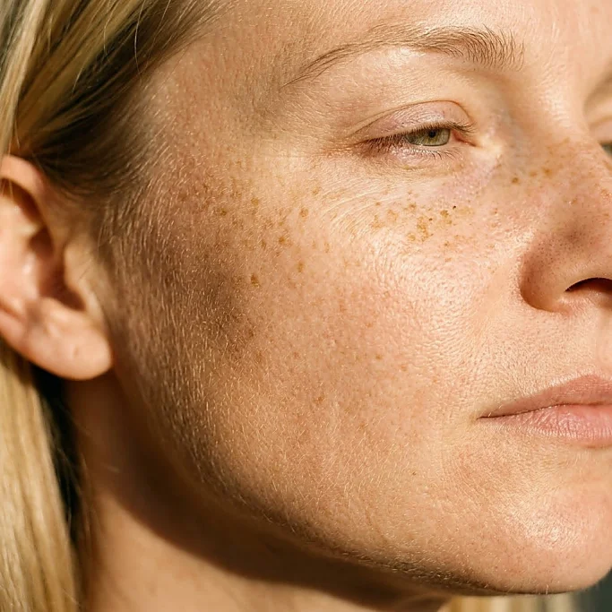 Blonde woman with freckles in warm sunlight – AI-generated portrait for beauty and skincare brands.