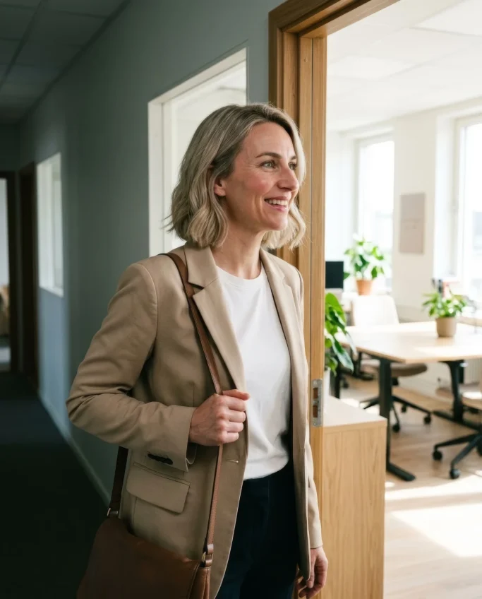 Businesswoman smiling as she walks into the office – AI ad image for B2B and corporate communication.