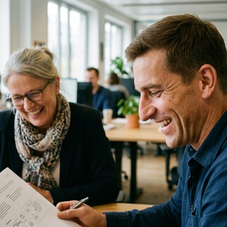 Zwei Führungskräfte lachen gemeinsam im Büro – KI-Werbebild von Posthandwerk für B2B, Verbände und Institutionen.