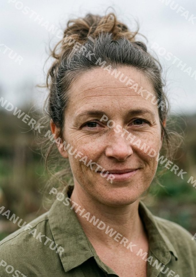 Natural-looking woman with tied-back hair outdoors in a farm setting, AI-portrait for agriculture, organic, wellness and sustainable brands.