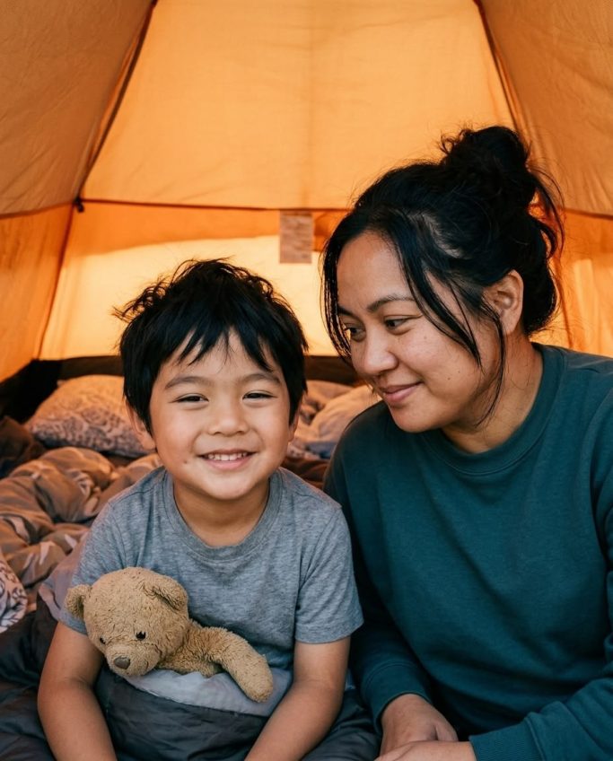 Mother and son cuddling inside a tent while camping – AI ad image for camping and outdoor brands.