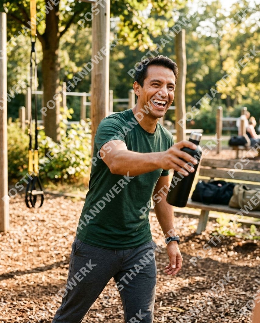 Mann lacht beim Training im Outdoor-Park – KI-Werbebild von Posthandwerk für Fitness, Sport und Gesundheit.