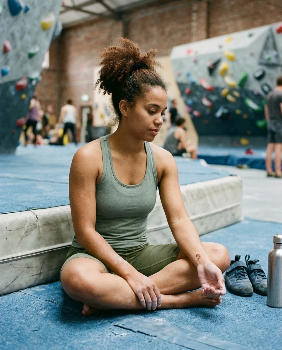 Kletterin ruht sich an der Boulderwand aus – KI-Werbebild für Kletterhallen und Sport.