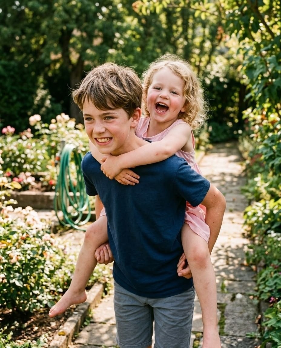 Bruder trägt lachende Schwester huckepack durch den blühenden Garten – KI-Werbebild für Familie und Garten.