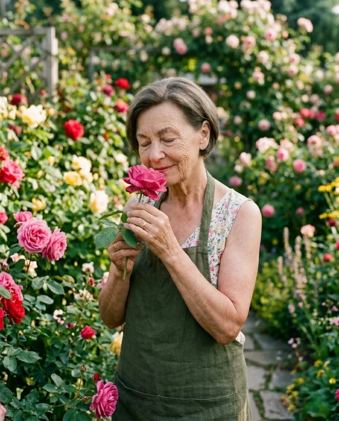 Senior woman smelling a rose in the garden – AI ad image for gardening and horticulture.