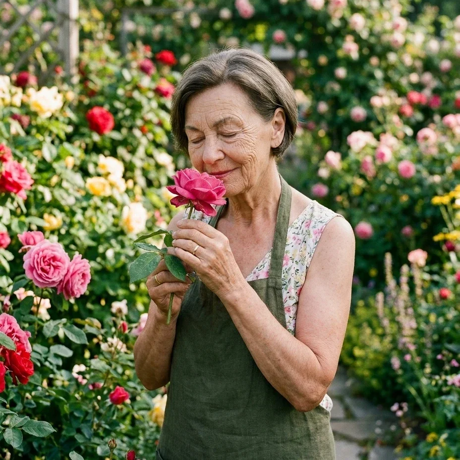 Seniorin riecht an einer Rose im Blumengarten – KI-Werbebild für Gartenbau und Pflege.