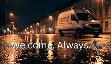 Emergency service van driving in the rain at night – dramatic AI-generated campaign image for 24/7 trade and repair services.