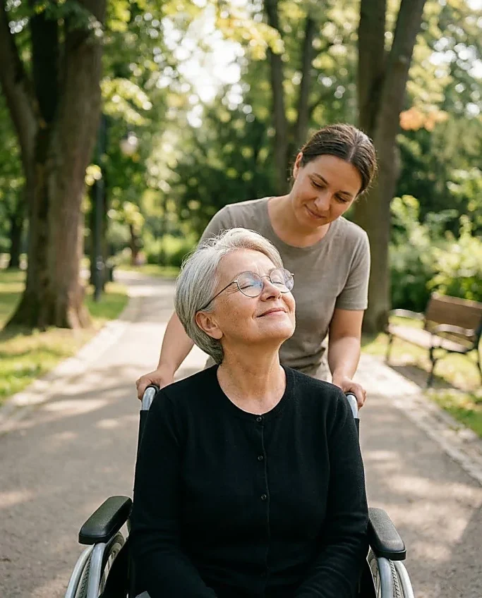 Caregiver with woman in wheelchair in sunny park – AI-generated image for care and nursing services.