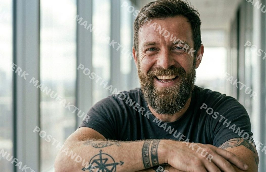 Tattooed bearded man laughing with arms crossed, city skyline in background, AI-generated character image for lifestyle, trades.