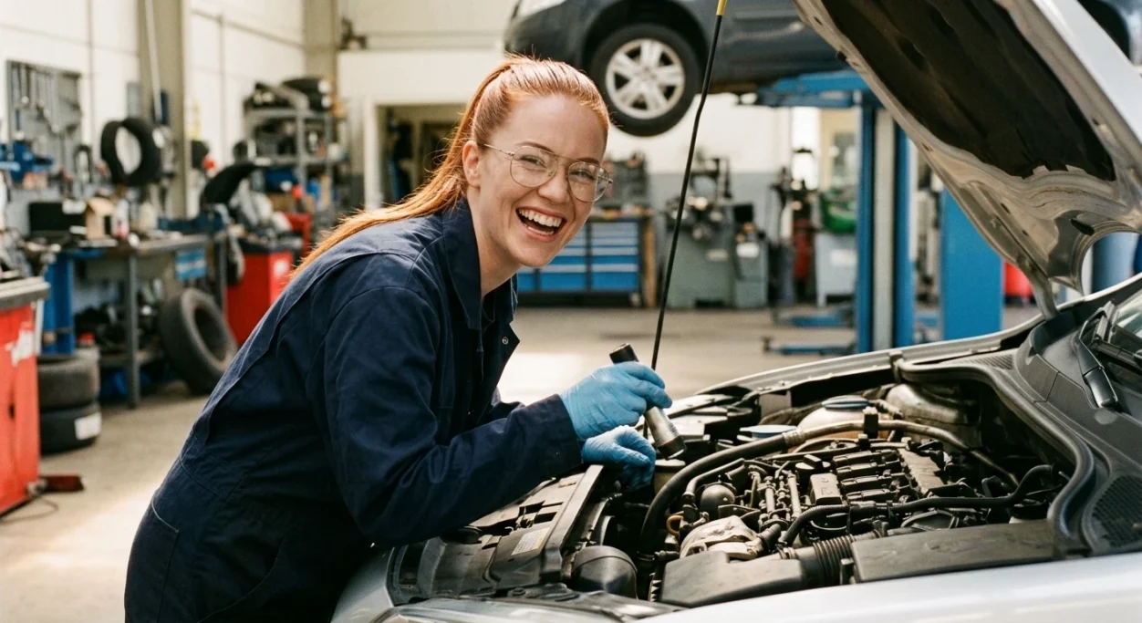 Female car mechanic repairing an engine in the workshop – AI ad image for auto repair shops and trades.