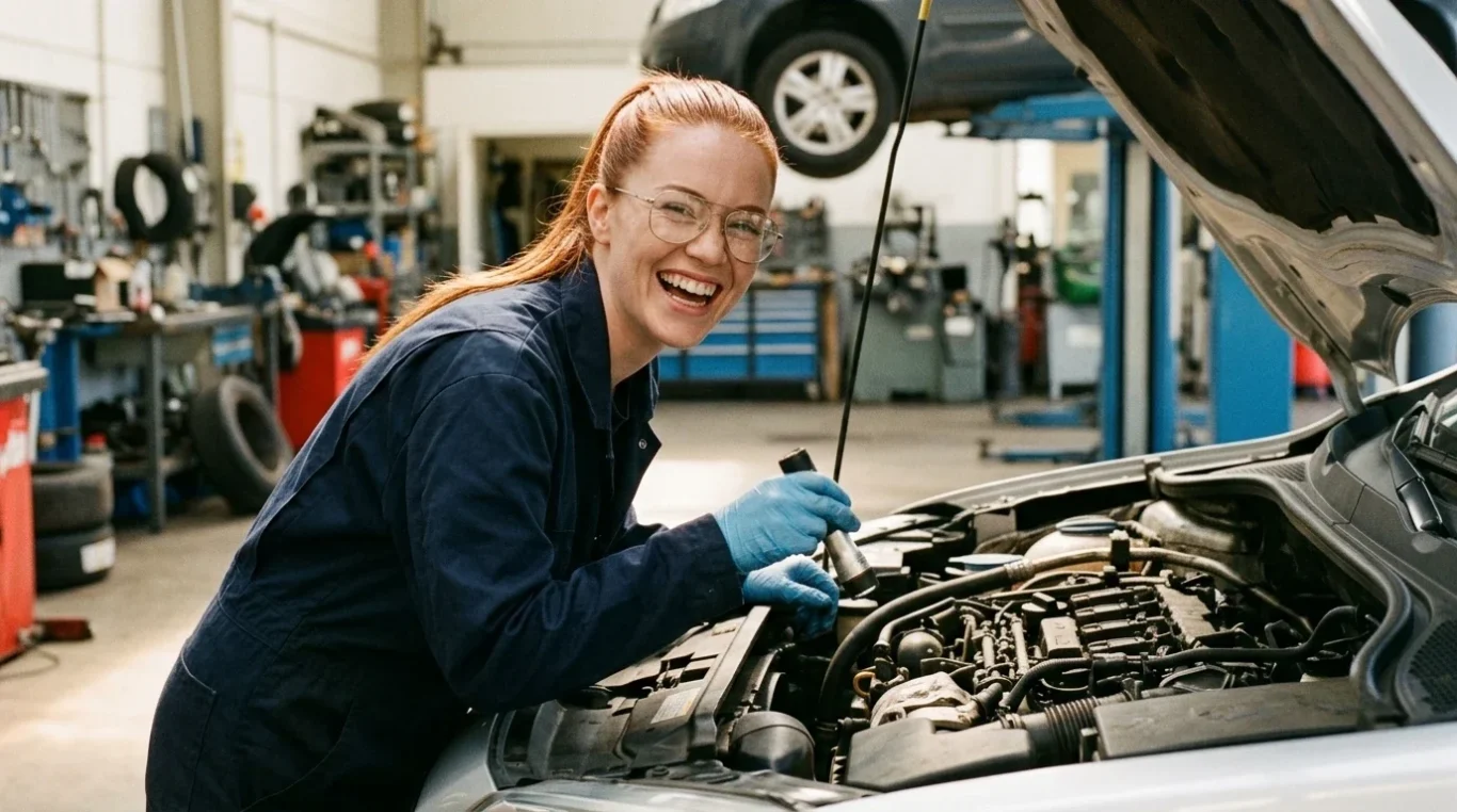 Kfz-Mechanikerin repariert einen Motor in der Werkstatt – KI-Werbebild für Autowerkstätten und Handwerk.