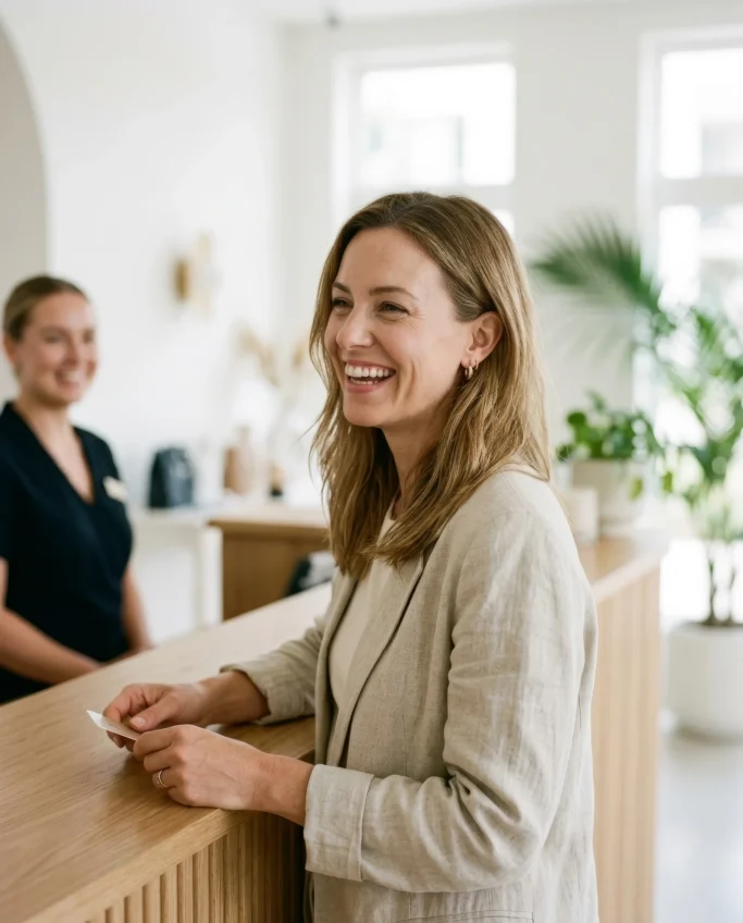 Guest being warmly welcomed at the hotel reception – AI ad image for hospitality and hotel brands.