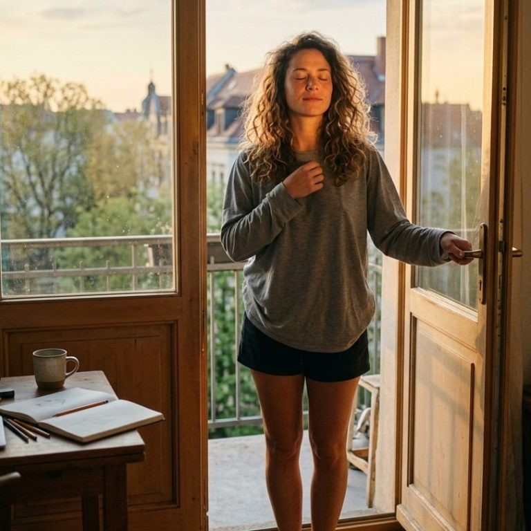 Frau öffnet Balkontür und genießt Morgenlicht – KI-generiertes Werbefoto von Posthandwerk für Immobilien, Makler und Finanzberatung.