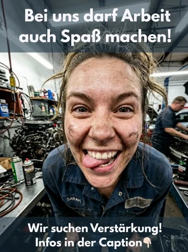 Lachende Mechanikerin, Recruiting:
Recruiting-Post KFZ-Werkstatt, Stellenangebot mit KI-generiertem Werbebild.