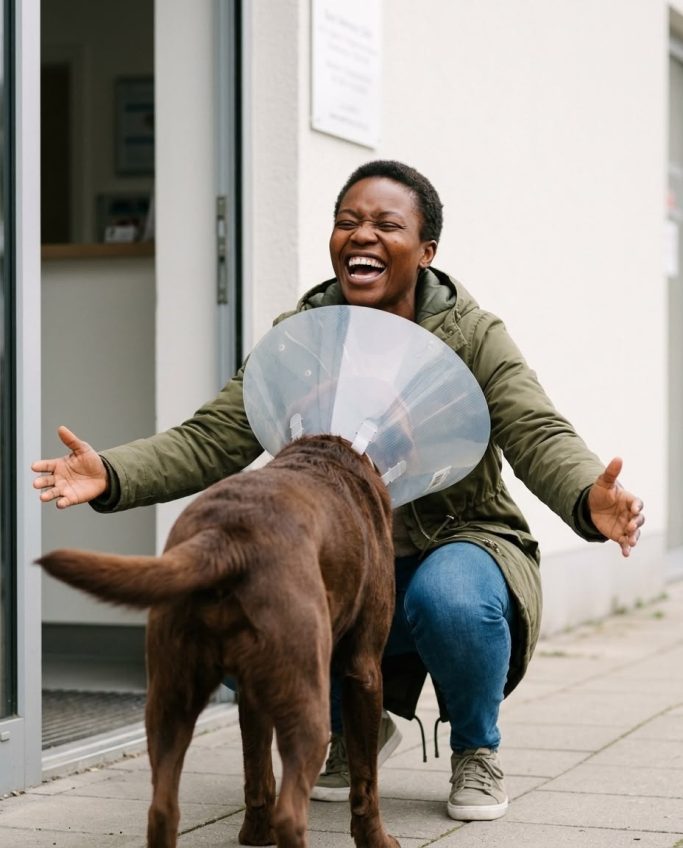 Woman joyfully greeting her dog wearing a protective cone – AI ad image for veterinary and pet-care brands.
