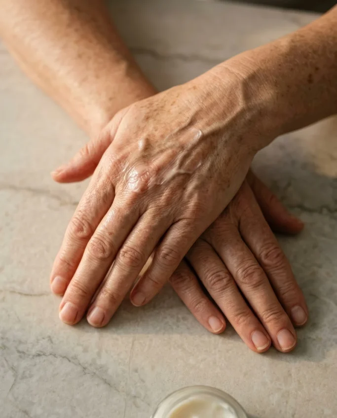 Close-up of hands after a massage with skincare cream – AI ad image for spa and cosmetics brands.