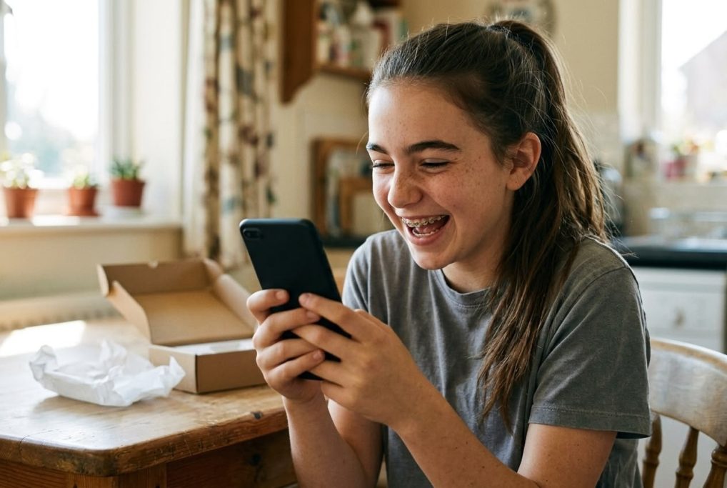 Girl laughing while looking at her smartphone at home – AI ad image for youth and telecom brands.