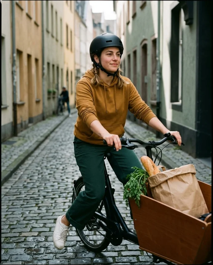 Woman transporting groceries by cargo bike through the old town – AI ad image for mobility and sustainability brands.