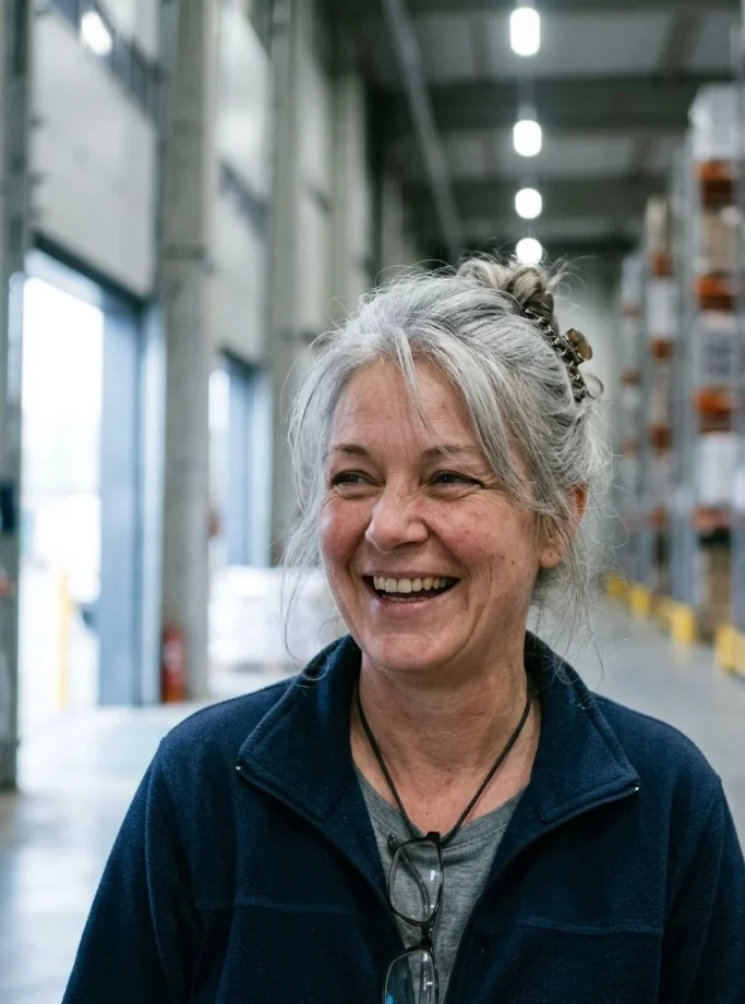 Senior woman smiling in an industrial or warehouse corridor – AI ad image for industry and trades.