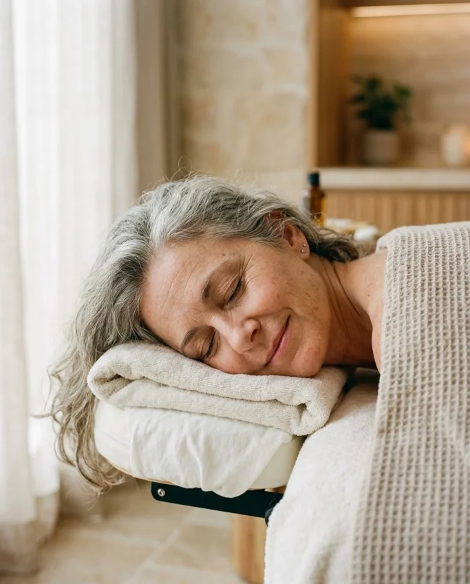 Woman with grey hair resting on massage table – AI-generated advertising image for wellness and care.