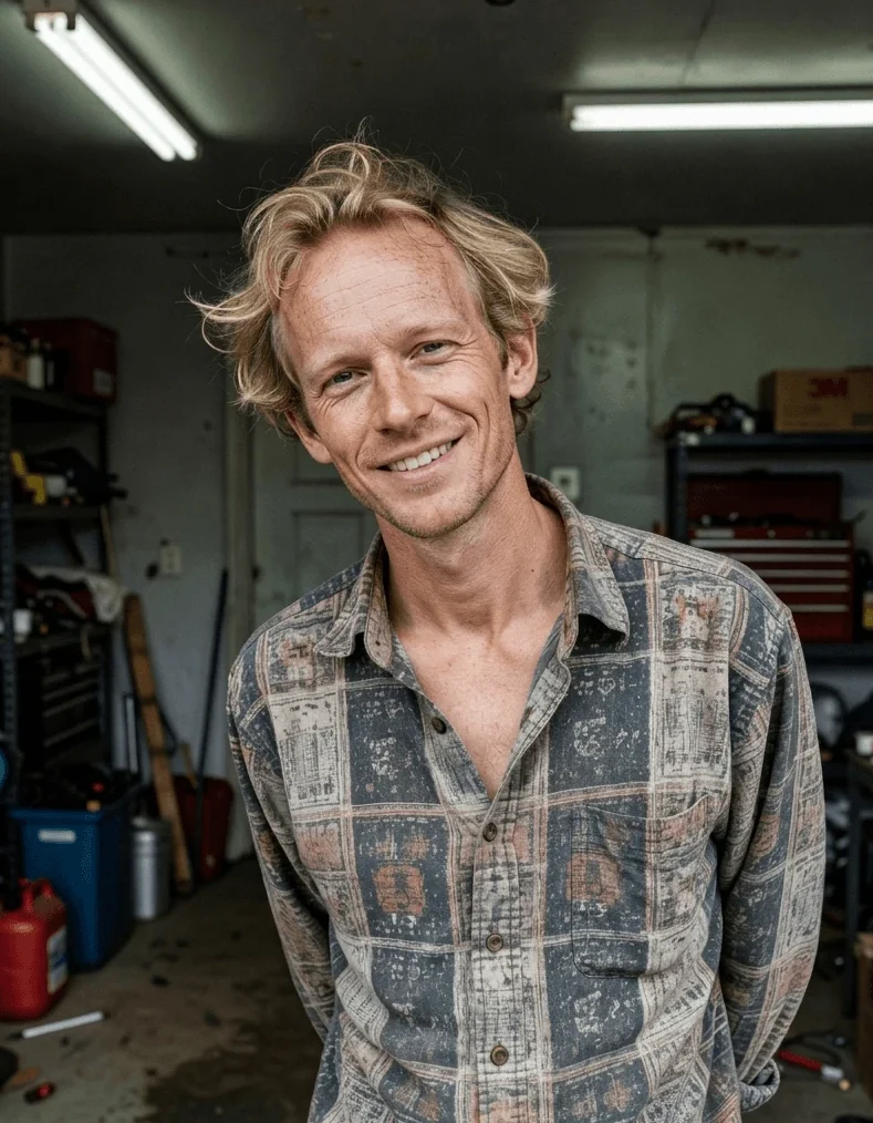 Authentic portrait of a professional craftsman in a checkered shirt working in a workshop environment, high-quality AI-generated imagery for