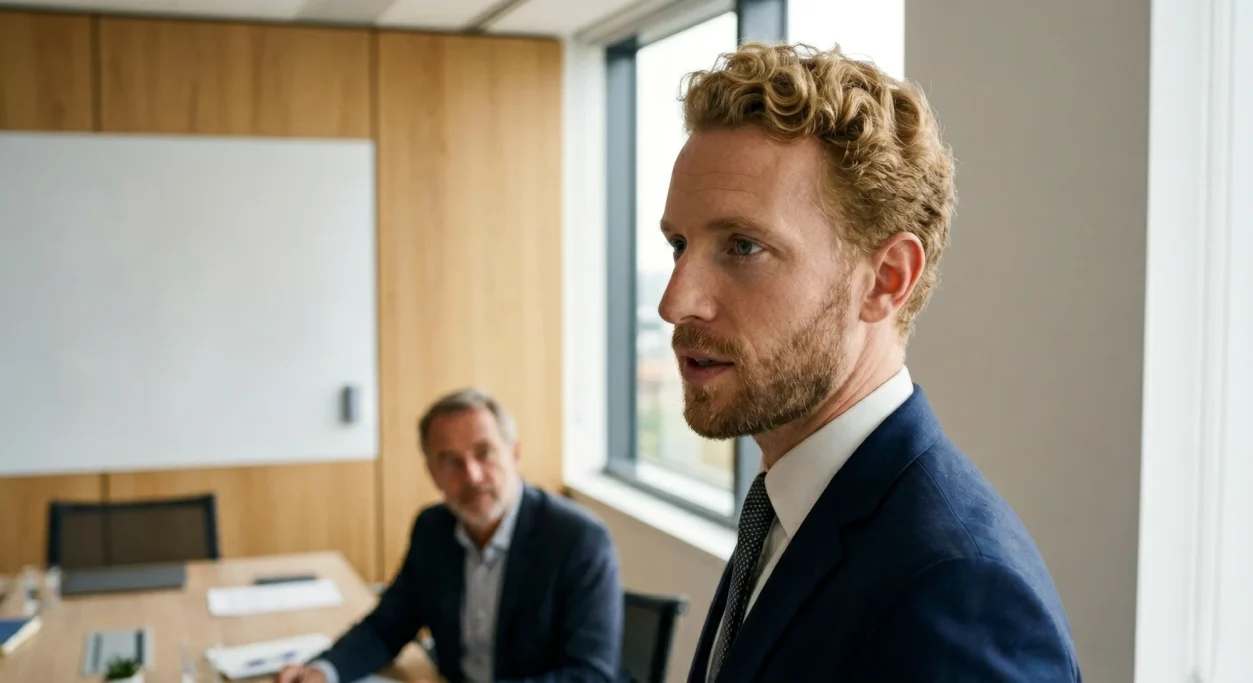 Businessman in a suit speaking during a meeting – AI ad image for B2B and legal services.